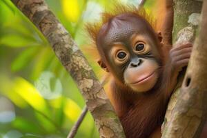 ai generado bebé orangután en su natural ambiente en el selva foto