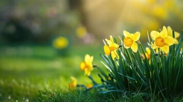 AI generated Beautiful panoramic spring nature background with daffodil flowers photo