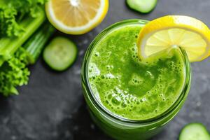 AI generated Green smoothie with celery, cucumber and lemon. photo