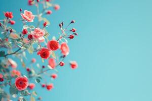 AI generated Blooming rose bush on a blue background. Flowering rose hips against the blue sky. photo