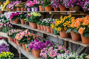 AI generated Many colorful blooming flowers in pots are displayed on shelf in floristic store or at street market. Spring planting. photo