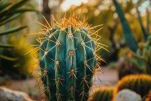 AI generated Selective focus shot of a cactus with big spikes. photo