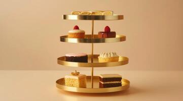 AI generated Gold three-tier tray filled with assorted and different cakes and pastries photo