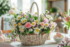 ai generado un Pascua de Resurrección flor arreglo ramo de flores en un cesta con Pascua de Resurrección huevos soportes en el festivo comida mesa en Pascua de Resurrección Mañana. foto