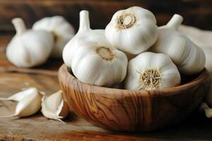 AI generated Garlic in a wooden bowl on a wooden table. Traditional medicine against viruses, flu, colds. photo