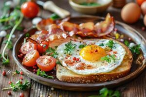 AI generated English breakfast - toast, egg, bacon and vegetables in a rustic style on wooden table. photo