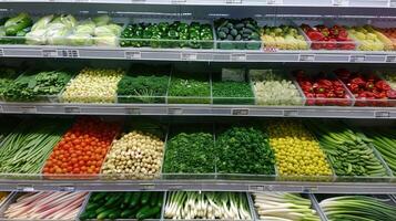 AI generated Various vegetables on supermarket aisles, clear and professional. photo