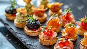 AI generated Buffet assortment of canapes. Delicious appetizers, catering food photo