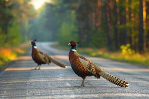 AI generated Pheasants standing on the road near forest at early morning or evening time. Road hazards, wildlife and transport. photo