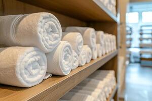 AI generated Close up of shelf with rolled bath towels at hotel spa. photo