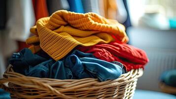 AI generated Assorted pastel color clothes neatly arranged in a wicker basket on a table. photo