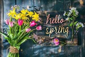 ai generado nuestra 'Hola primavera' inscripción conjunto en contra un fondo de vibrante flores capturas el esencia de el estación. foto