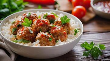AI generated Delicious homemade chicken or turkey meatballs with rice, vegetable and tomato sauce. photo