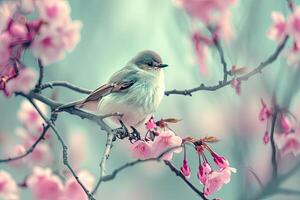 AI generated Little bird sitting on branch of blossom cherry tree. Spring time. photo