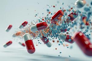 AI generated A group of antibiotic pill capsules falling. photo