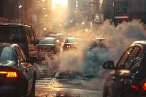 ai generado transporte viaje tráfico Enjambres en carreteras con aire contaminación, fumar desde coche cansada tubería. foto