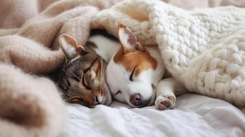 AI generated Cute dog and cat sleeping together in bed under blanket. Friendship of cute pets concept. photo