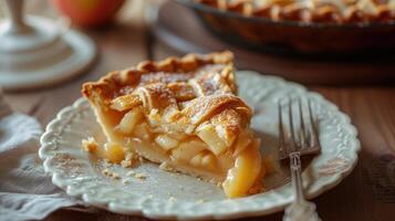 AI generated Plate with a slice of baked apple pie. photo