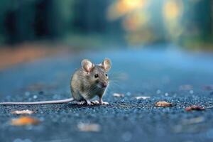 AI generated Mouse standing on the road near forest at early morning or evening time. Road hazards, wildlife and transport. photo