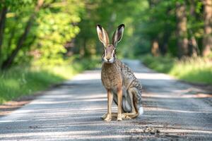 AI generated Hare standing on the road near forest at early morning or evening time. Road hazards, wildlife and transport. photo