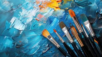 AI generated Paint brushes on creative oil abstract paint background. photo