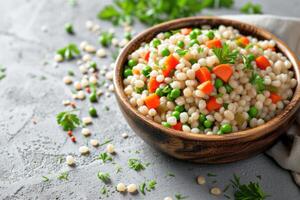 ai generado sabroso perla cebada gachas de avena con vegetales en ligero texturizado mesa foto