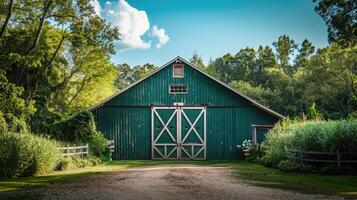 AI generated Green barn on farm landscape photo