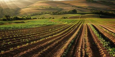 ai generado filas de joven maíz plantas creciente en un vasto campo con oscuro fértil suelo líder a el horizonte foto