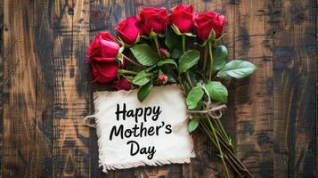 AI generated Happy Mother's day with red roses over rustic wood background photo