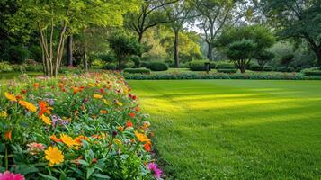 AI generated Multi-colored flower bed in the park. Outdoor summer gardening. photo