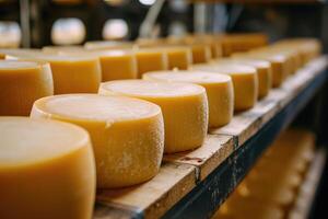AI generated Big cheese wheels at manufacturing closeup. A cheese dairy in a warehouse with cheese. photo