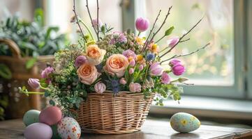 AI generated An Easter flower arrangement bouquet in a basket with Easter eggs stands on the festive dining table on Easter morning. photo