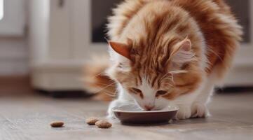 AI generated Close-up of cat eating dry food from bowl. photo