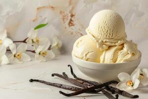 ai generado vainilla hielo crema, vainilla frijoles y vainilla flores en el mesa. foto