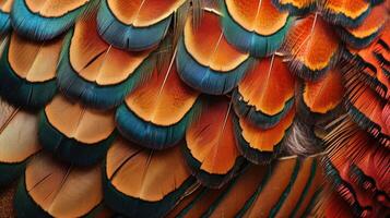 AI generated Closeup abstract background image of colorful ring-necked pheasant feathers. photo