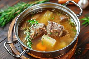 AI generated Traditional beef broth with vegetable, bones and ingredients in pot photo