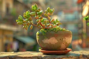 AI generated Green portulacaria afra in brown pot. photo