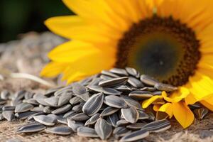 AI generated Organic sunflower seeds and flowers on wooden table photo