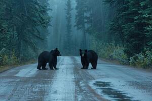 AI generated Bears standing on the road near forest at early morning or evening time. Road hazards, wildlife and transport. photo