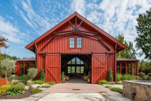 AI generated Red barn constructed on a farm in summer with doors open photo