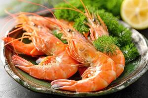 AI generated Boiled prawn shrimps on a plate. photo