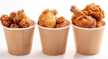 AI generated Collection of golden brown and crispy roasted Fried chicken served on a brown paper bucket isoalted on white background. photo