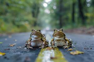 AI generated Frogs standing on the road near forest at early morning or evening time. Road hazards, wildlife and transport. photo