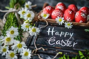 AI generated Easter dark red eggs and spring white flowers photo