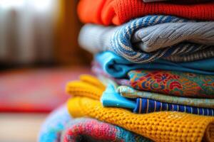 AI generated Pile of knitted sweaters as background, closeup view photo