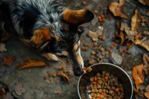 ai generado ver de perro comiendo comida desde un bol. foto