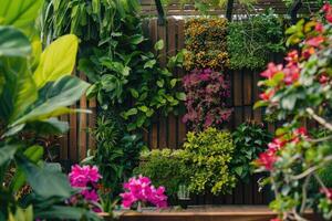 ai generado patio y balcón verdor. jardines en el paredes foto