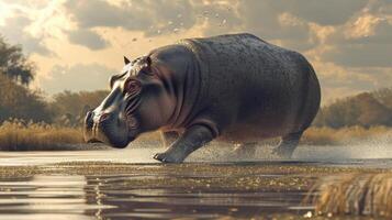 AI generated Hippo walking through in the warm morning light photo