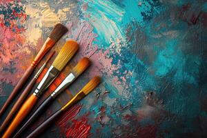 AI generated Paint brushes on creative oil abstract paint background. photo