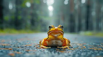 AI generated Frog standing on the road near forest at early morning or evening time. Road hazards, wildlife and transport. photo